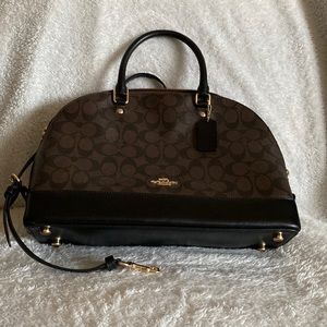 Coach Leather Satchel Brown Tonal Print with Black Accents and Gold Hardware